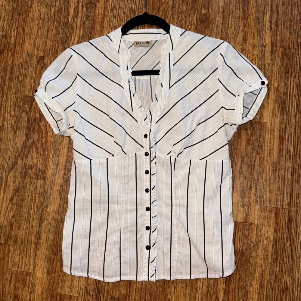Decoded Short Sleeve Blouse Y2K Striped Ruffle Button Corset Top M Vintage